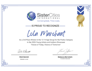 Sister Cities International Certificate awarded to Lola Marchant